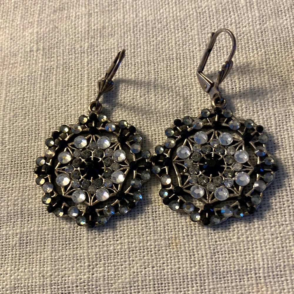 Black and clear crystal drop earrings, pierced